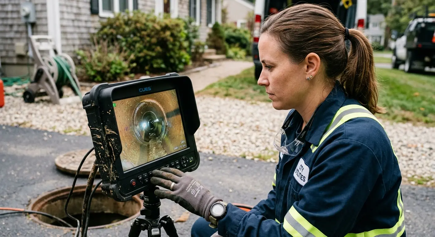 Technician reviewing sewer camera inspection footage in Ocean Springs