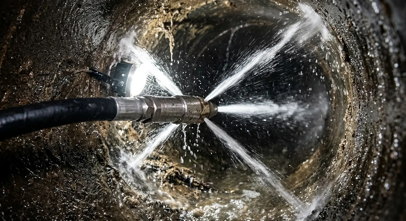 High-pressure hydro jetting nozzle cleaning sewer pipe for Emergency Drain Service in Ocean Springs