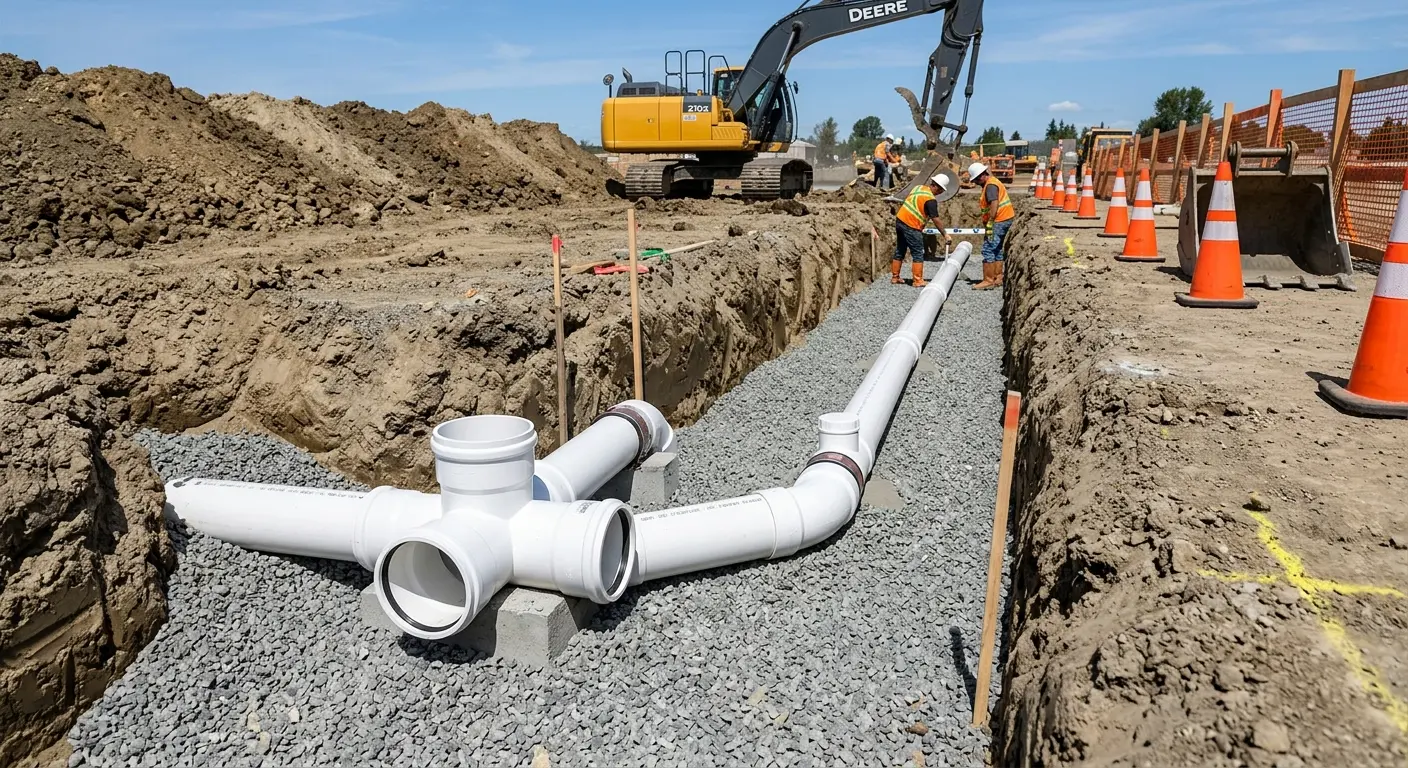 New PVC sewer pipe installation in open trench for Sewer Backup in Ocean Springs
