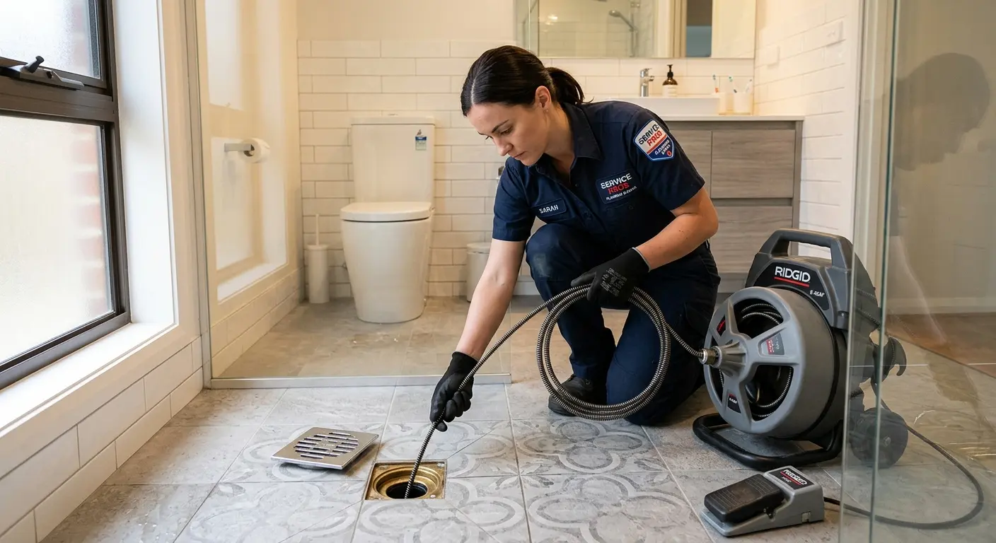 Technician clearing a bathroom floor drain for Drain Cleaning in Ocean Springs
